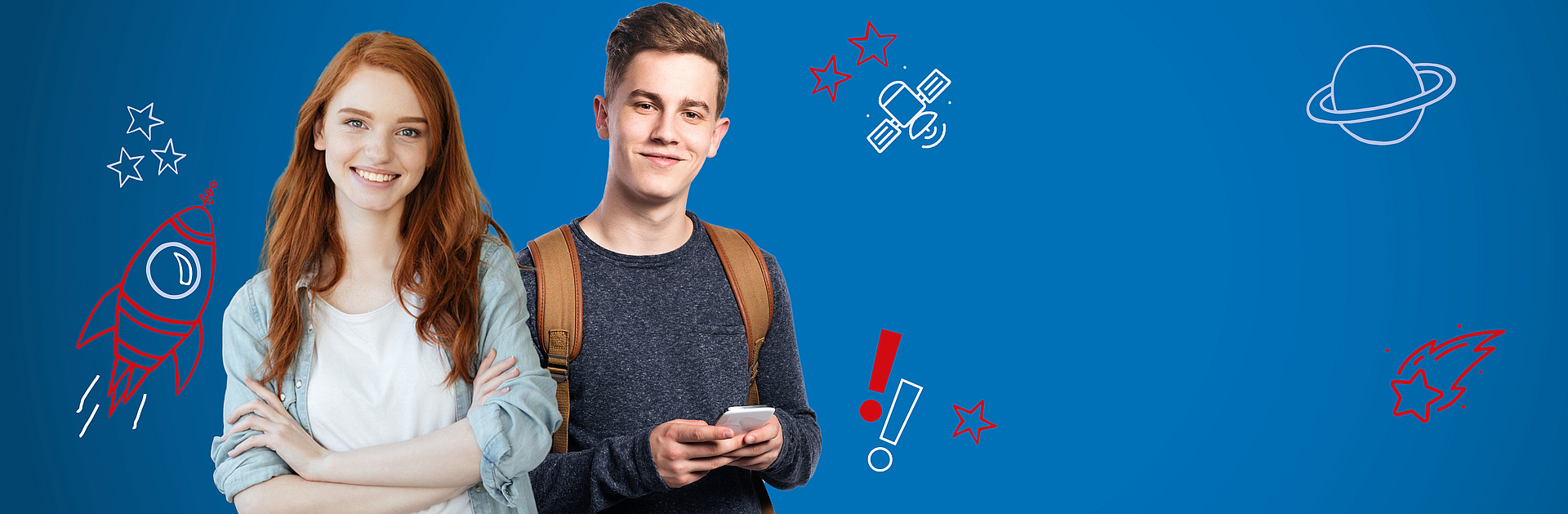 Azubi-Kampagne Ausbildung Mädchen und Junge vor blauem Hintergrund mit Illustrationen